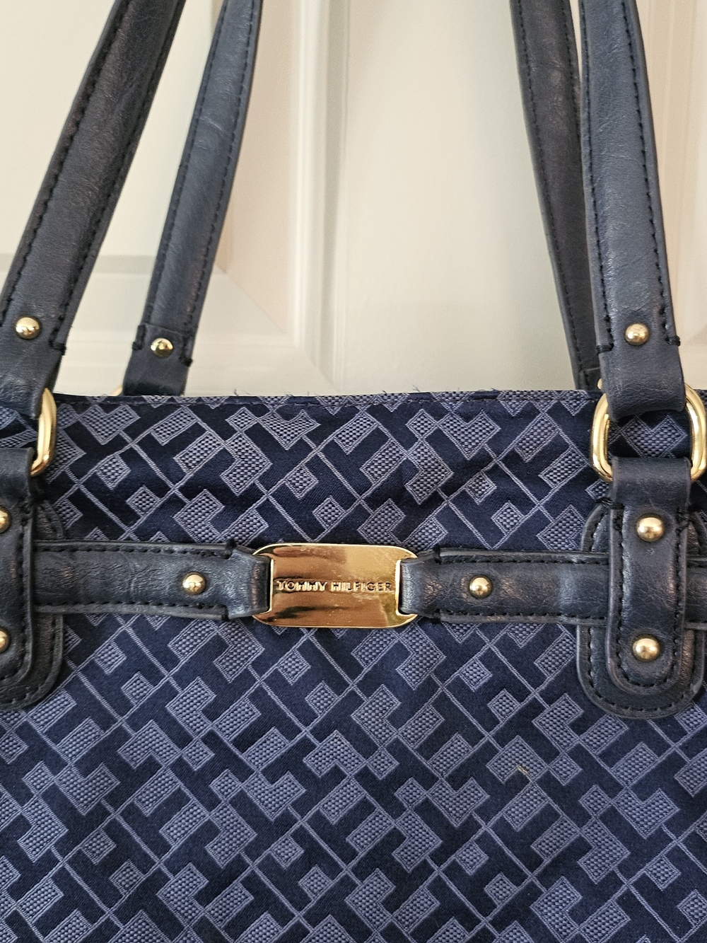 Tommy Hilfiger Navy Jacquard Shoulder Tote with Gold Hardware